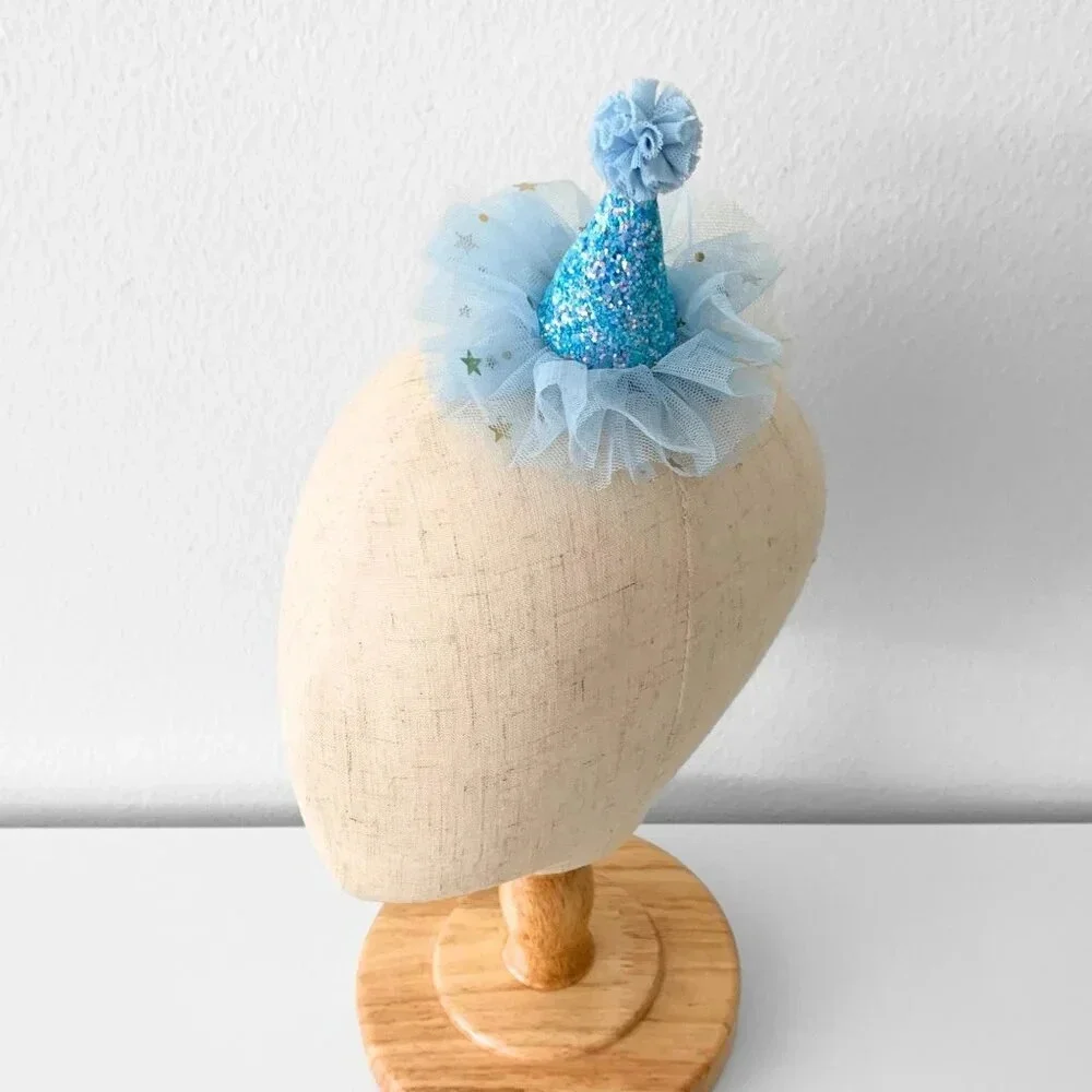 NWT Cute Princess Happy Birthday Hat Girls Hair Clip Blue & Gold Glitter Tulle